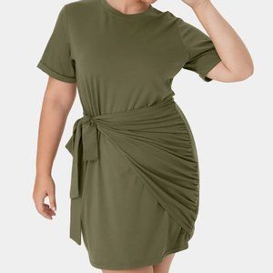 Halara Plus Size 1X Olive Everyday Tie Knot Ruched Mini Chill Dress-Belle